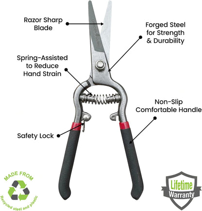 Classic Bypass Pruning Shears Clippers – Heavy Duty Forged Steel Garden Pruners – Safety Lock – Non Slip Comfort Grips – Cuts up to 1” Diameter – Professional Bypass Pruners for Gardening
