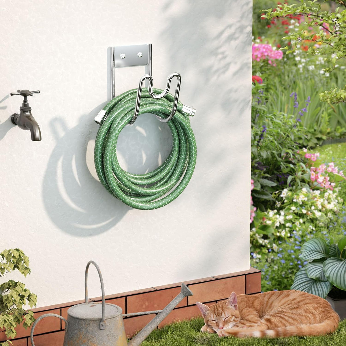 Stainless Steel Garden Hose Holder - Silver SS304 Water Hose Holder - Wall Mounted Hose Hanger Heavy Duty for Water Hose Extension Cords Vacuum Hose, Anti-Rust (1 Pack)