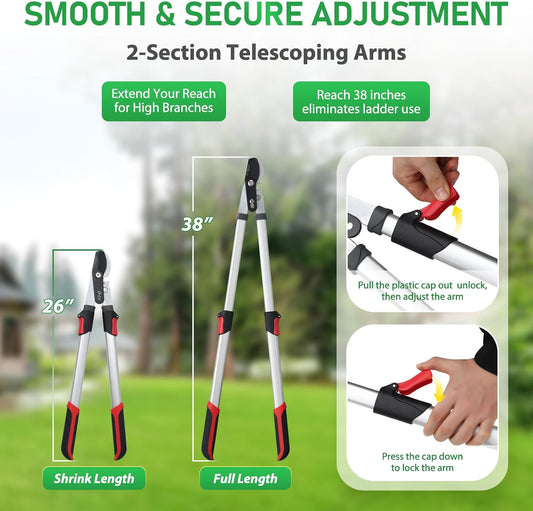 Extendable Loopers for Tree Trimming, 26-38'' Heavy Duty Thick Branches Cutter Lopping Shears with SK5 Steel Blade, Pruning Shears with 1.6” Cut Capacity, Loppers with Compound Action for Gardening