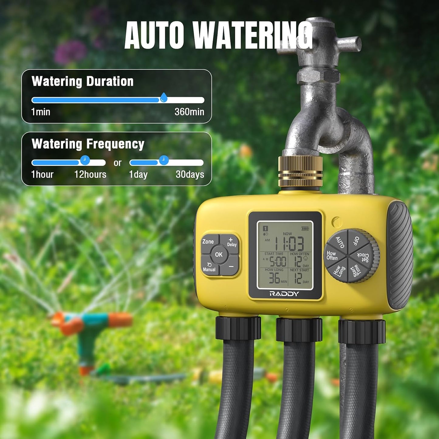 WS-8 3-Zone Sprinkler Timer, Heavy-Duty Controller, Yellow