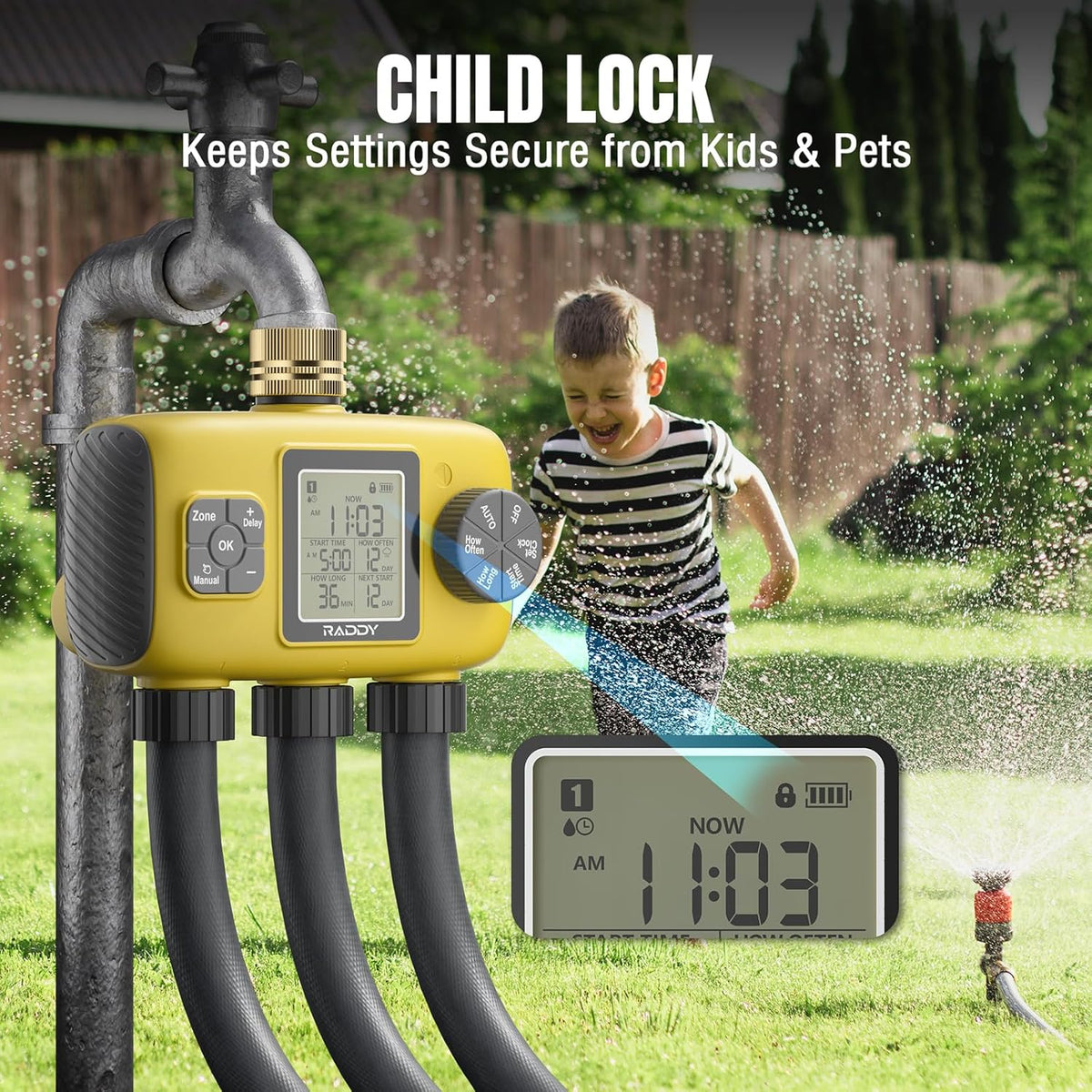 WS-8 3-Zone Sprinkler Timer, Heavy-Duty Controller, Yellow