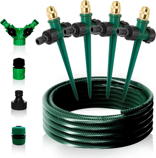 4 Pack Flexible Sprinkler System with Spike Base, Above Ground Sprinkler System kit, Multi-Adjustable Irrigation Sprinkler Set for Yard, Lawn, 32.5FT Garden Hose Included