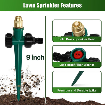 4 Pack Flexible Sprinkler System with Spike Base, Above Ground Sprinkler System kit, Multi-Adjustable Irrigation Sprinkler Set for Yard, Lawn, 32.5FT Garden Hose Included
