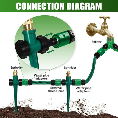 4 Pack Flexible Sprinkler System with Spike Base, Above Ground Sprinkler System kit, Multi-Adjustable Irrigation Sprinkler Set for Yard, Lawn, 32.5FT Garden Hose Included