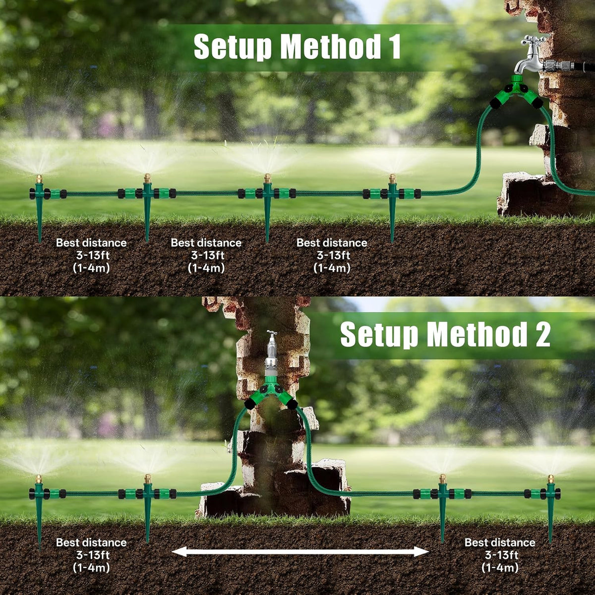 4 Pack Flexible Sprinkler System with Spike Base, Above Ground Sprinkler System kit, Multi-Adjustable Irrigation Sprinkler Set for Yard, Lawn, 32.5FT Garden Hose Included