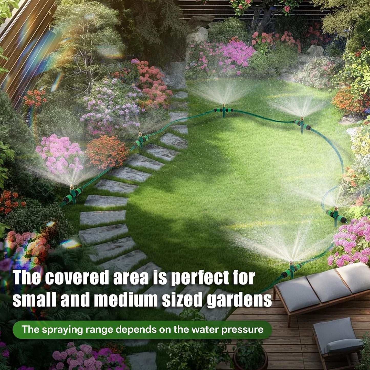 4 Pack Flexible Sprinkler System with Spike Base, Above Ground Sprinkler System kit, Multi-Adjustable Irrigation Sprinkler Set for Yard, Lawn, 32.5FT Garden Hose Included