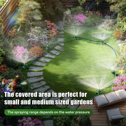 4 Pack Flexible Sprinkler System with Spike Base, Above Ground Sprinkler System kit, Multi-Adjustable Irrigation Sprinkler Set for Yard, Lawn, 32.5FT Garden Hose Included