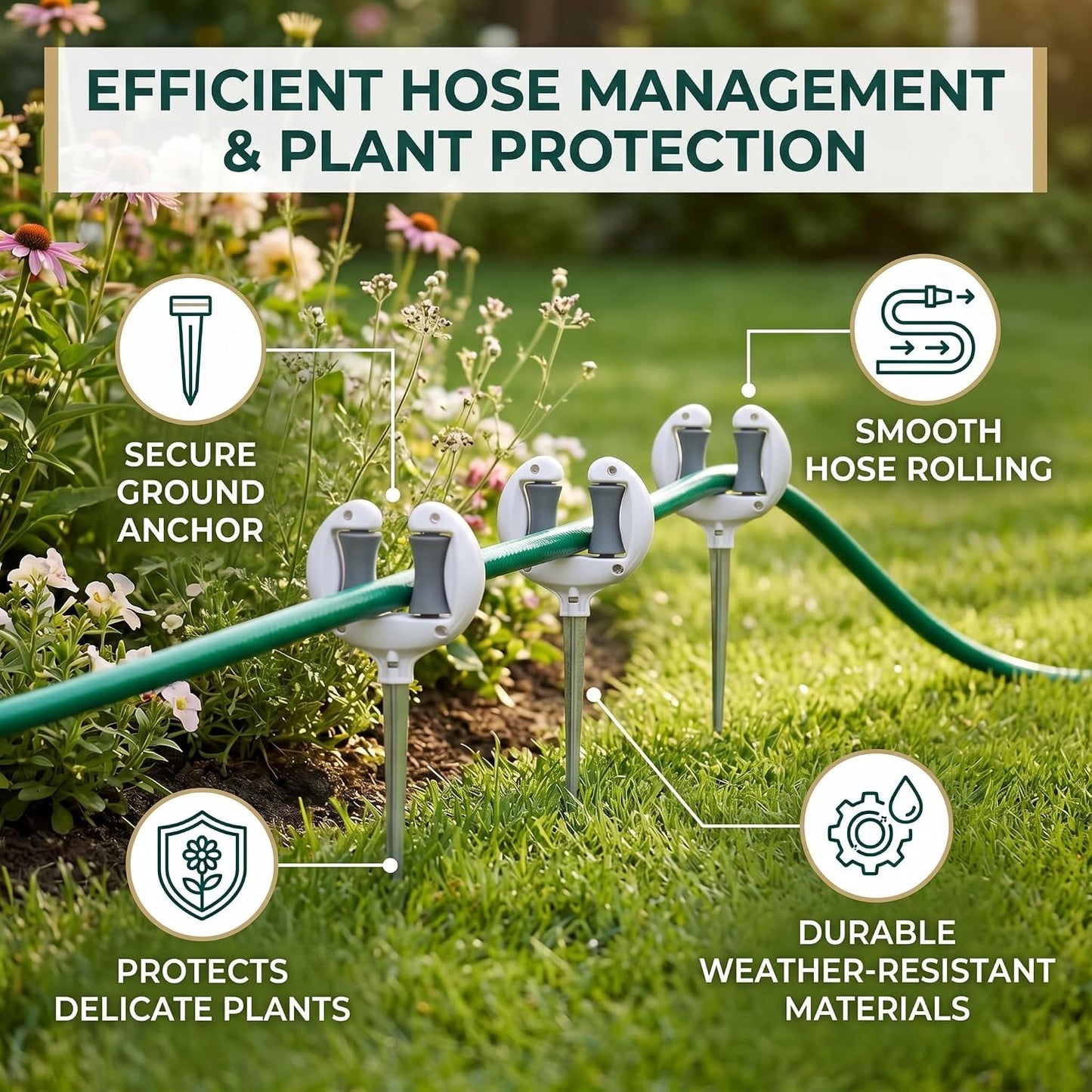 Heavy Duty Garden Hose Holder with Top Roller Spike, Water Hose Pipe Positioning Guide 10.6" x 4.7", Hose Storage Hook, Hose Management Organizer, Hose Guide Anchor for Lawn & Yard