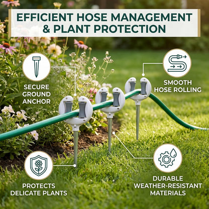 Heavy Duty Garden Hose Holder with Top Roller Spike, Water Hose Pipe Positioning Guide 10.6" x 4.7", Hose Storage Hook, Hose Management Organizer, Hose Guide Anchor for Lawn & Yard
