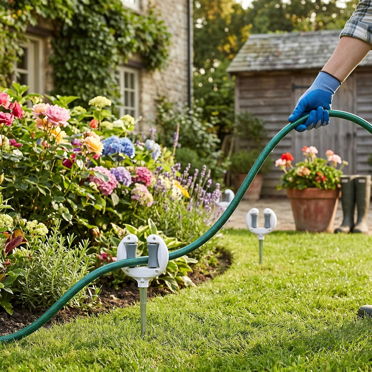 Heavy Duty Garden Hose Holder with Top Roller Spike, Water Hose Pipe Positioning Guide 10.6" x 4.7", Hose Storage Hook, Hose Management Organizer, Hose Guide Anchor for Lawn & Yard