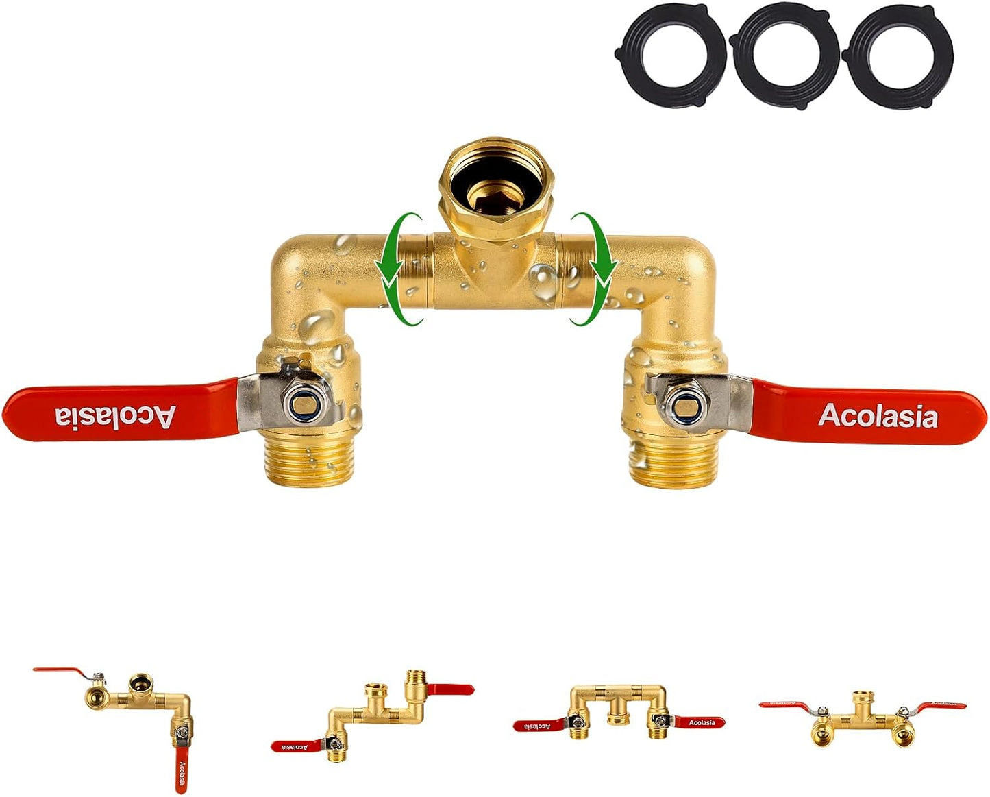 Hose Splitter 2 Way Heavy Duty Brass Garden Hose Splitter with 360° Rotatable, 304 Stainless Steel Long Handle Outdoor Full Flow Hose Splitter Connector, 3/4" GHT Thread