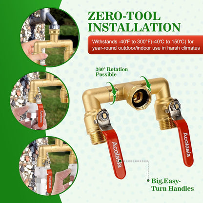 Hose Splitter 2 Way Heavy Duty Brass Garden Hose Splitter with 360° Rotatable, 304 Stainless Steel Long Handle Outdoor Full Flow Hose Splitter Connector, 3/4" GHT Thread