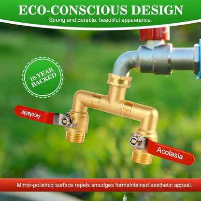 Hose Splitter 2 Way Heavy Duty Brass Garden Hose Splitter with 360° Rotatable, 304 Stainless Steel Long Handle Outdoor Full Flow Hose Splitter Connector, 3/4" GHT Thread