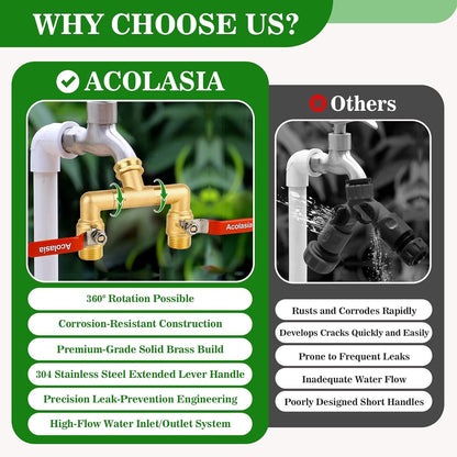 Hose Splitter 2 Way Heavy Duty Brass Garden Hose Splitter with 360° Rotatable, 304 Stainless Steel Long Handle Outdoor Full Flow Hose Splitter Connector, 3/4" GHT Thread