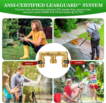 Hose Splitter 2 Way Heavy Duty Brass Garden Hose Splitter with 360° Rotatable, 304 Stainless Steel Long Handle Outdoor Full Flow Hose Splitter Connector, 3/4" GHT Thread