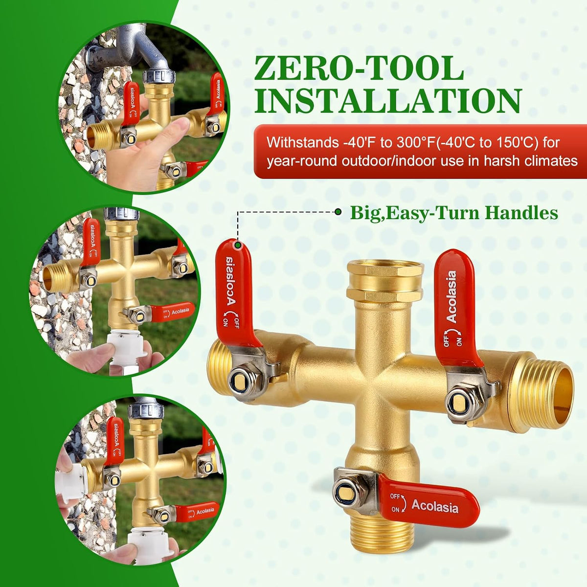 Hose Splitter 2 Way Heavy Duty Brass Garden Hose Splitter with 360° Rotatable, 304 Stainless Steel Long Handle Outdoor Full Flow Hose Splitter Connector, 3/4" GHT Thread