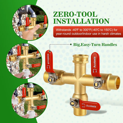 Hose Splitter 2 Way Heavy Duty Brass Garden Hose Splitter with 360° Rotatable, 304 Stainless Steel Long Handle Outdoor Full Flow Hose Splitter Connector, 3/4" GHT Thread