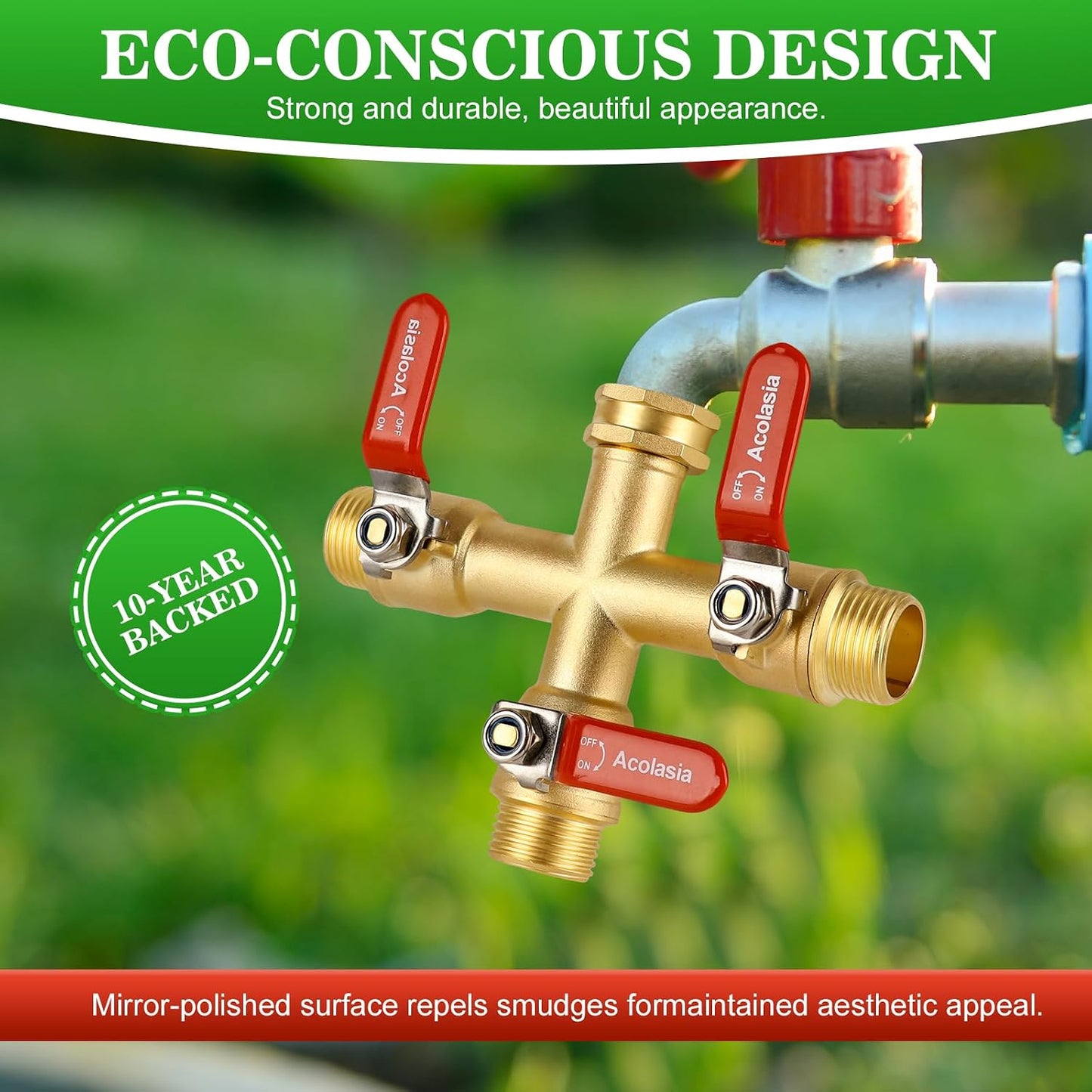 Hose Splitter 2 Way Heavy Duty Brass Garden Hose Splitter with 360° Rotatable, 304 Stainless Steel Long Handle Outdoor Full Flow Hose Splitter Connector, 3/4" GHT Thread