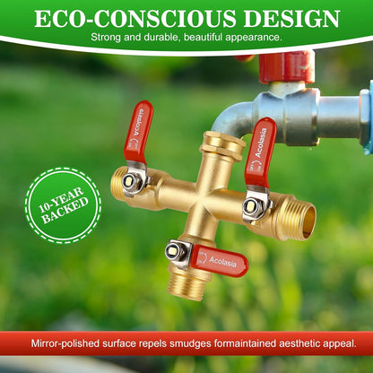 Hose Splitter 2 Way Heavy Duty Brass Garden Hose Splitter with 360° Rotatable, 304 Stainless Steel Long Handle Outdoor Full Flow Hose Splitter Connector, 3/4" GHT Thread