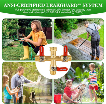 Hose Splitter 2 Way Heavy Duty Brass Garden Hose Splitter with 360° Rotatable, 304 Stainless Steel Long Handle Outdoor Full Flow Hose Splitter Connector, 3/4" GHT Thread