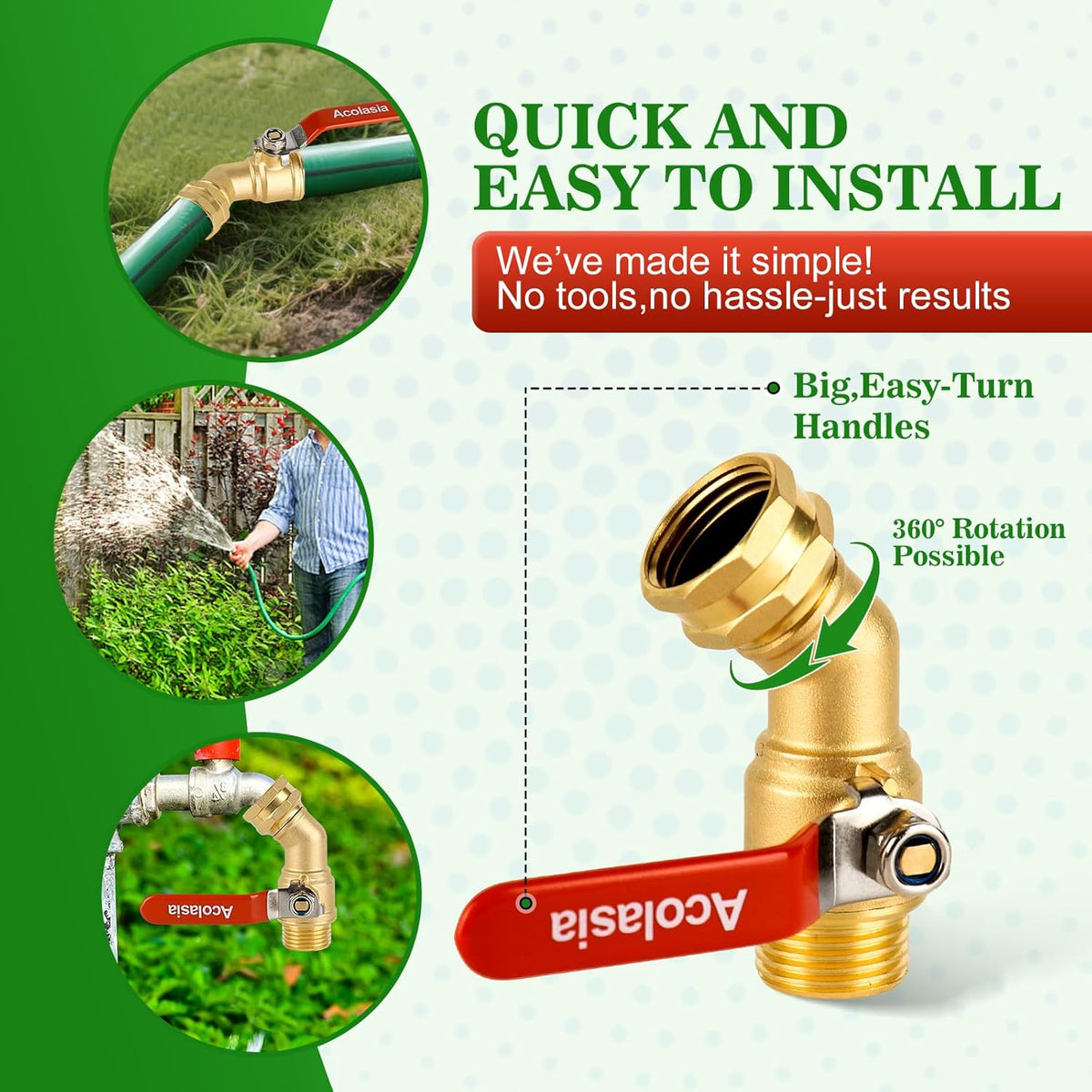 Hose Splitter 2 Way Heavy Duty Brass Garden Hose Splitter with 360° Rotatable, 304 Stainless Steel Long Handle Outdoor Full Flow Hose Splitter Connector, 3/4" GHT Thread