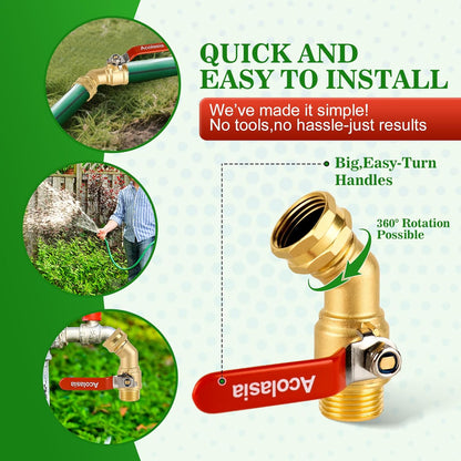 Hose Splitter 2 Way Heavy Duty Brass Garden Hose Splitter with 360° Rotatable, 304 Stainless Steel Long Handle Outdoor Full Flow Hose Splitter Connector, 3/4" GHT Thread