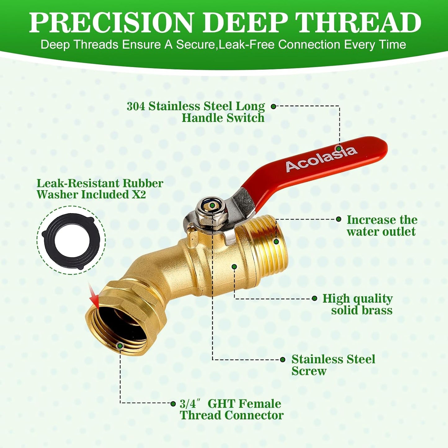 Hose Splitter 2 Way Heavy Duty Brass Garden Hose Splitter with 360° Rotatable, 304 Stainless Steel Long Handle Outdoor Full Flow Hose Splitter Connector, 3/4" GHT Thread
