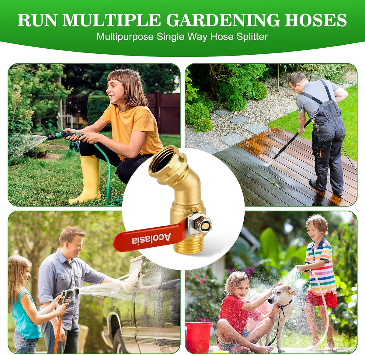 Hose Splitter 2 Way Heavy Duty Brass Garden Hose Splitter with 360° Rotatable, 304 Stainless Steel Long Handle Outdoor Full Flow Hose Splitter Connector, 3/4" GHT Thread