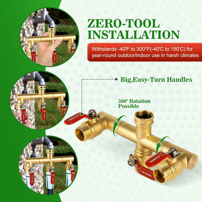 Hose Splitter 2 Way Heavy Duty Brass Garden Hose Splitter with 360° Rotatable, 304 Stainless Steel Long Handle Outdoor Full Flow Hose Splitter Connector, 3/4" GHT Thread