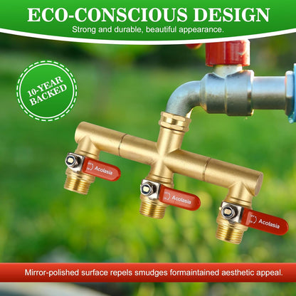 Hose Splitter 2 Way Heavy Duty Brass Garden Hose Splitter with 360° Rotatable, 304 Stainless Steel Long Handle Outdoor Full Flow Hose Splitter Connector, 3/4" GHT Thread