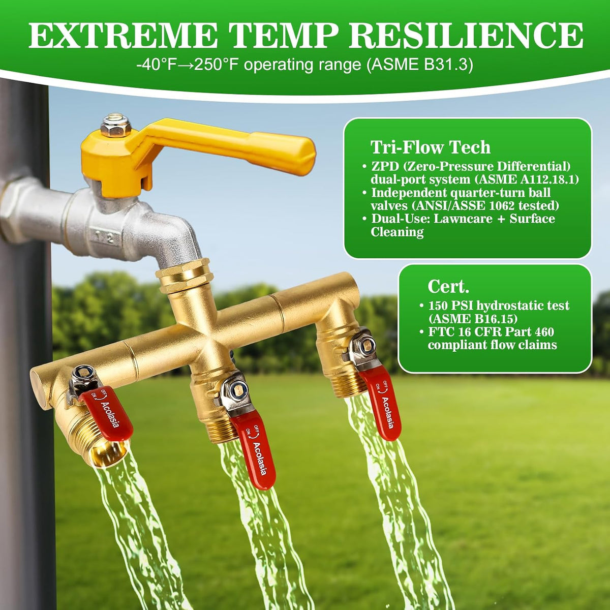 Hose Splitter 2 Way Heavy Duty Brass Garden Hose Splitter with 360° Rotatable, 304 Stainless Steel Long Handle Outdoor Full Flow Hose Splitter Connector, 3/4" GHT Thread
