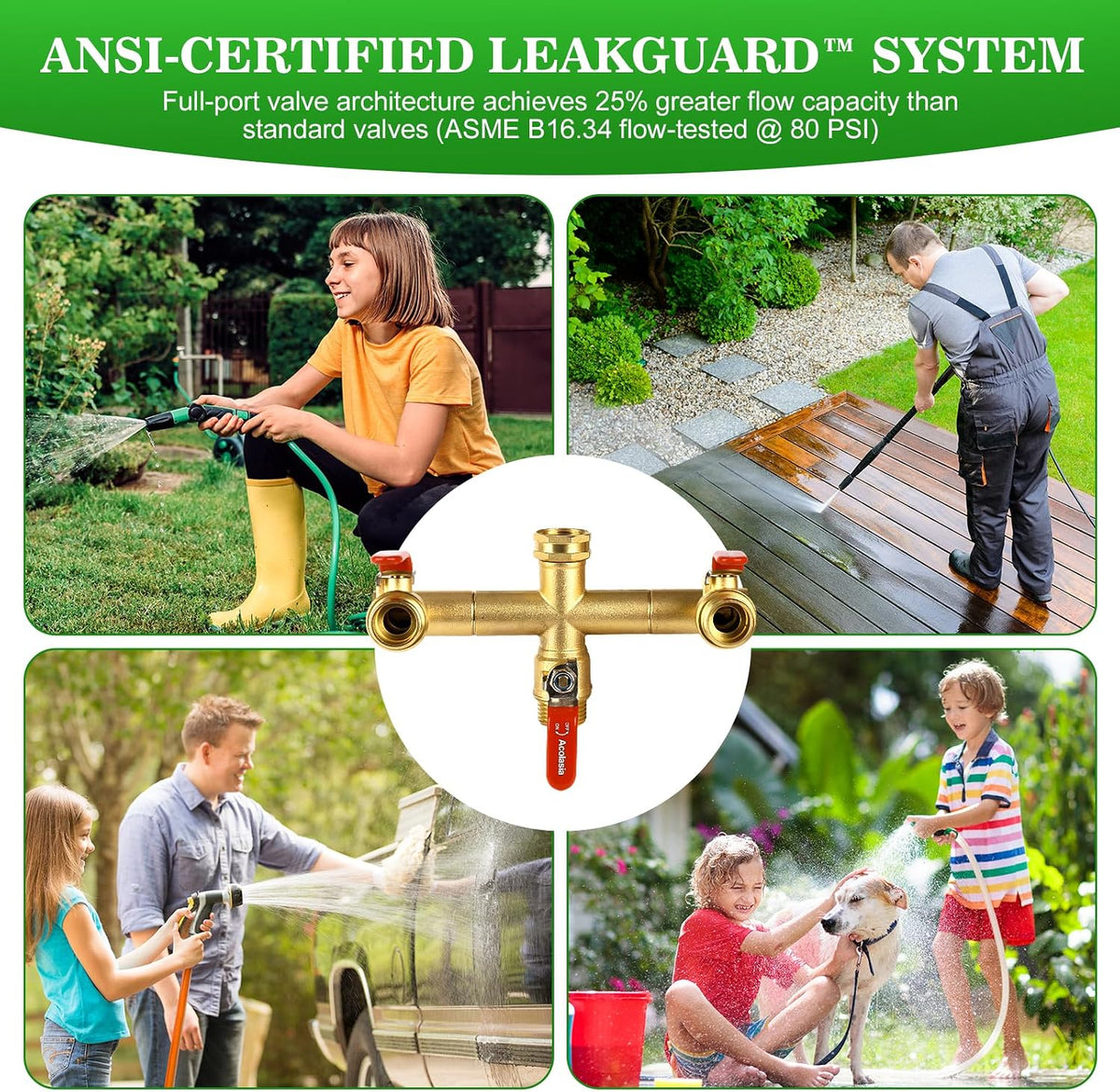 Hose Splitter 2 Way Heavy Duty Brass Garden Hose Splitter with 360° Rotatable, 304 Stainless Steel Long Handle Outdoor Full Flow Hose Splitter Connector, 3/4" GHT Thread