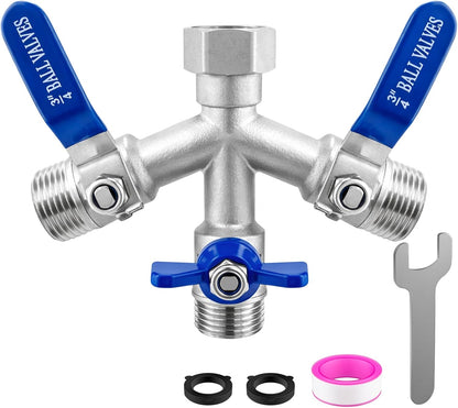 Garden Hose Splitter 3 Way, Heavy Duty 304 Stainless Steel Hose Splitter with Shut-off Valves, Full Flow Garden Water Hose Bib Spigot Splitter, 3/4'' GHT Thread Outdoor Faucet Splitter