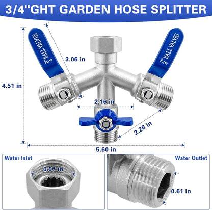 Garden Hose Splitter 3 Way, Heavy Duty 304 Stainless Steel Hose Splitter with Shut-off Valves, Full Flow Garden Water Hose Bib Spigot Splitter, 3/4'' GHT Thread Outdoor Faucet Splitter