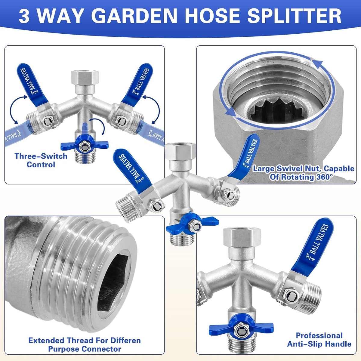 Garden Hose Splitter 3 Way, Heavy Duty 304 Stainless Steel Hose Splitter with Shut-off Valves, Full Flow Garden Water Hose Bib Spigot Splitter, 3/4'' GHT Thread Outdoor Faucet Splitter