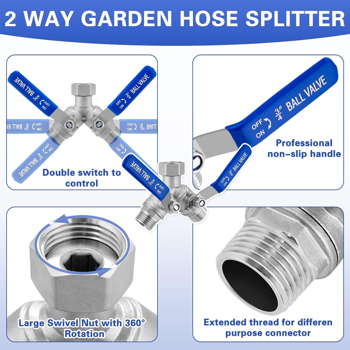 Garden Hose Splitter 3 Way, Heavy Duty 304 Stainless Steel Hose Splitter with Shut-off Valves, Full Flow Garden Water Hose Bib Spigot Splitter, 3/4'' GHT Thread Outdoor Faucet Splitter
