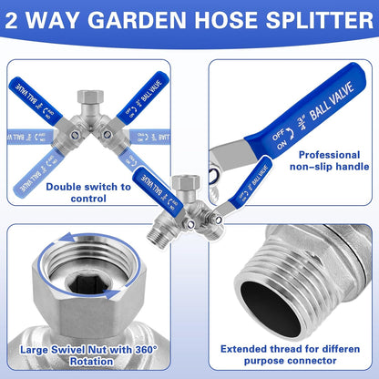 Garden Hose Splitter 3 Way, Heavy Duty 304 Stainless Steel Hose Splitter with Shut-off Valves, Full Flow Garden Water Hose Bib Spigot Splitter, 3/4'' GHT Thread Outdoor Faucet Splitter