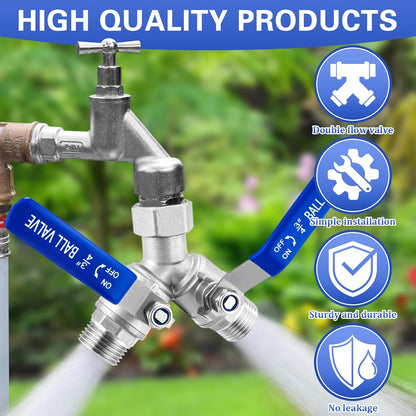 Garden Hose Splitter 3 Way, Heavy Duty 304 Stainless Steel Hose Splitter with Shut-off Valves, Full Flow Garden Water Hose Bib Spigot Splitter, 3/4'' GHT Thread Outdoor Faucet Splitter