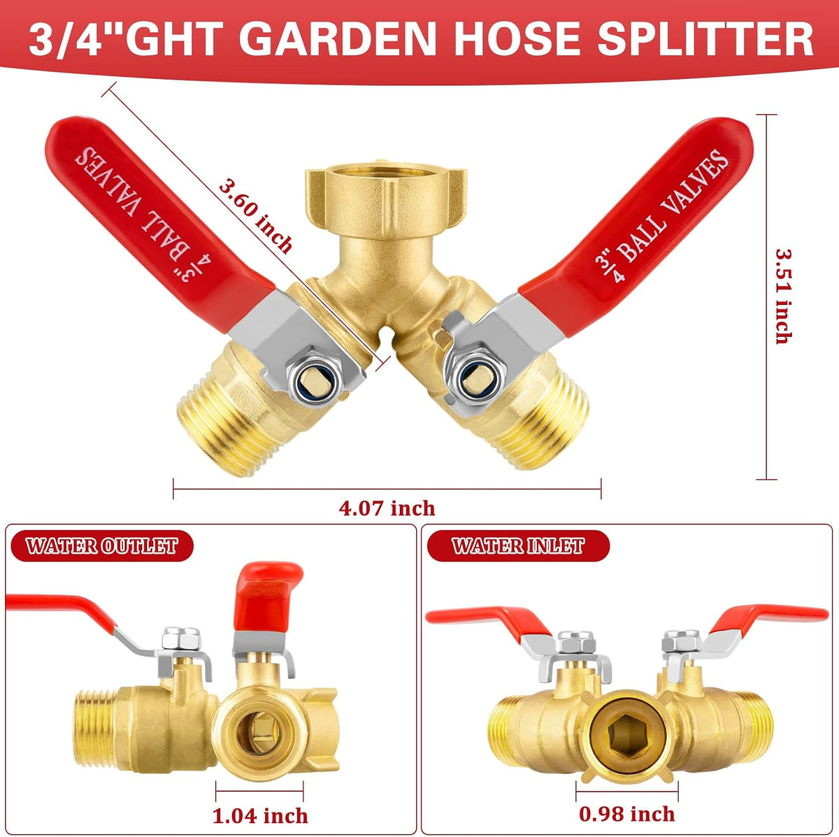 Garden Hose Splitter 3 Way, Heavy Duty 304 Stainless Steel Hose Splitter with Shut-off Valves, Full Flow Garden Water Hose Bib Spigot Splitter, 3/4'' GHT Thread Outdoor Faucet Splitter