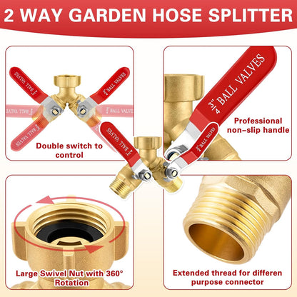 Garden Hose Splitter 3 Way, Heavy Duty 304 Stainless Steel Hose Splitter with Shut-off Valves, Full Flow Garden Water Hose Bib Spigot Splitter, 3/4'' GHT Thread Outdoor Faucet Splitter