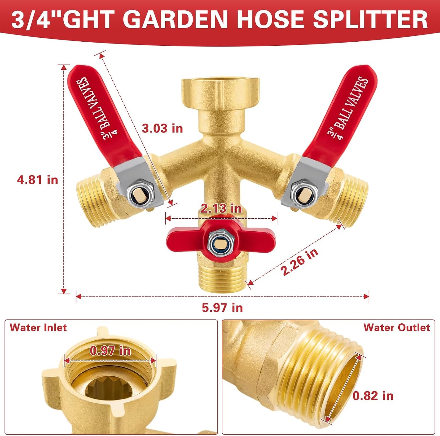 Garden Hose Splitter 3 Way, Heavy Duty 304 Stainless Steel Hose Splitter with Shut-off Valves, Full Flow Garden Water Hose Bib Spigot Splitter, 3/4'' GHT Thread Outdoor Faucet Splitter