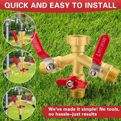 Garden Hose Splitter 3 Way, Heavy Duty 304 Stainless Steel Hose Splitter with Shut-off Valves, Full Flow Garden Water Hose Bib Spigot Splitter, 3/4'' GHT Thread Outdoor Faucet Splitter