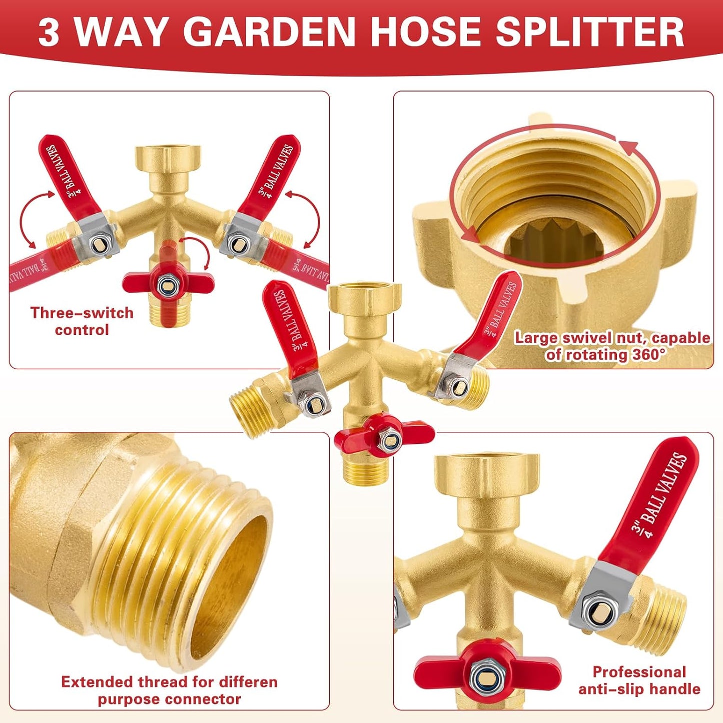 Garden Hose Splitter 3 Way, Heavy Duty 304 Stainless Steel Hose Splitter with Shut-off Valves, Full Flow Garden Water Hose Bib Spigot Splitter, 3/4'' GHT Thread Outdoor Faucet Splitter
