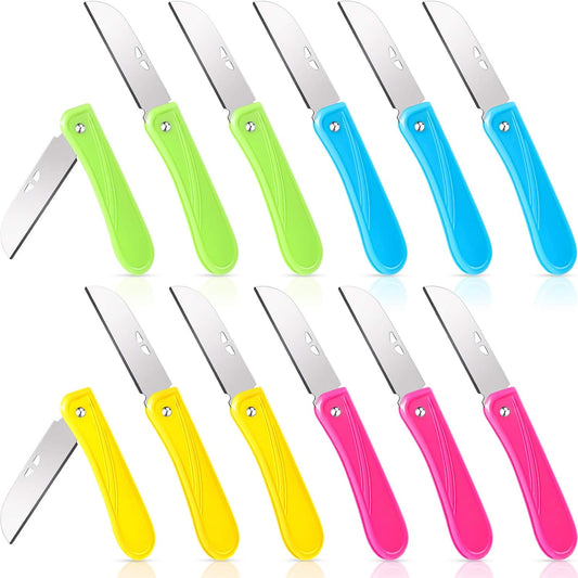 12 Pcs Floral Knife Pruning Knives Garden Hand Pruner Stainless Steel Blade Foldable Florist Knife with Blue Yellow Green Rose Red Cover, Pruner for the Garden Grafting