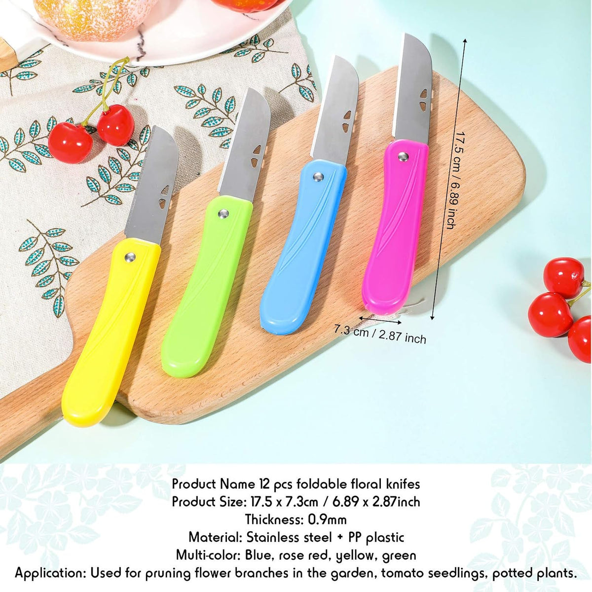 12 Pcs Floral Knife Pruning Knives Garden Hand Pruner Stainless Steel Blade Foldable Florist Knife with Blue Yellow Green Rose Red Cover, Pruner for the Garden Grafting