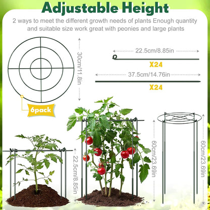 6 Pcs Adjustable Peony Cages and Supports, 24 x 12 Inch / 9 x 12 Inch Metal Peony Support Cage, Large Plant Frame Rings for Garden Outdoor Plants Flowers Tomato Vegetables, Height Adjustable