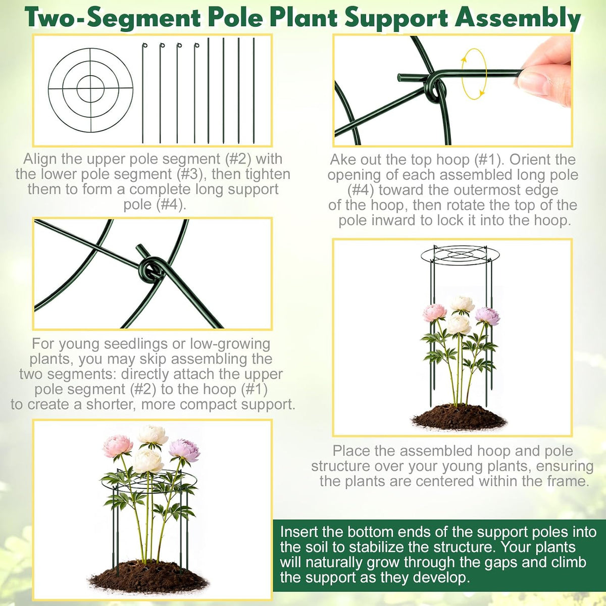 6 Pcs Adjustable Peony Cages and Supports, 24 x 12 Inch / 9 x 12 Inch Metal Peony Support Cage, Large Plant Frame Rings for Garden Outdoor Plants Flowers Tomato Vegetables, Height Adjustable