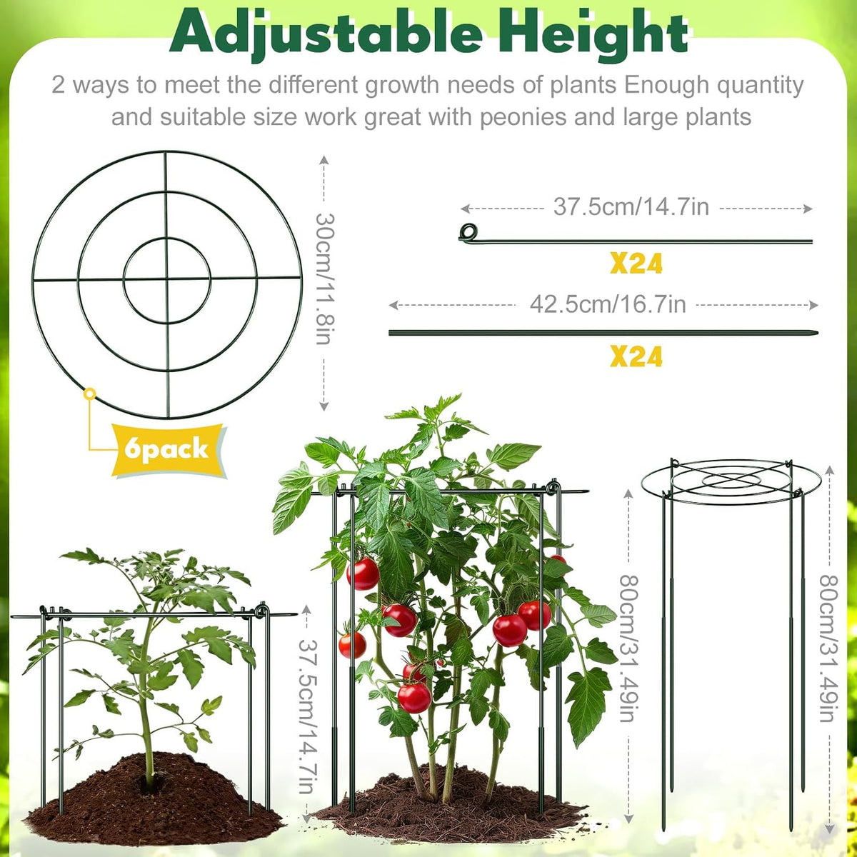6 Pcs Adjustable Peony Cages and Supports, 24 x 12 Inch / 9 x 12 Inch Metal Peony Support Cage, Large Plant Frame Rings for Garden Outdoor Plants Flowers Tomato Vegetables, Height Adjustable