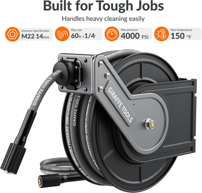Pressure Washer Hose Reel with 60ft Pressure Hose, 4000PSI