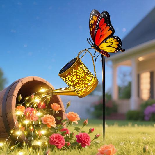 Solar Watering Can Lights Butterfly Hook Outdoor Garden Decor